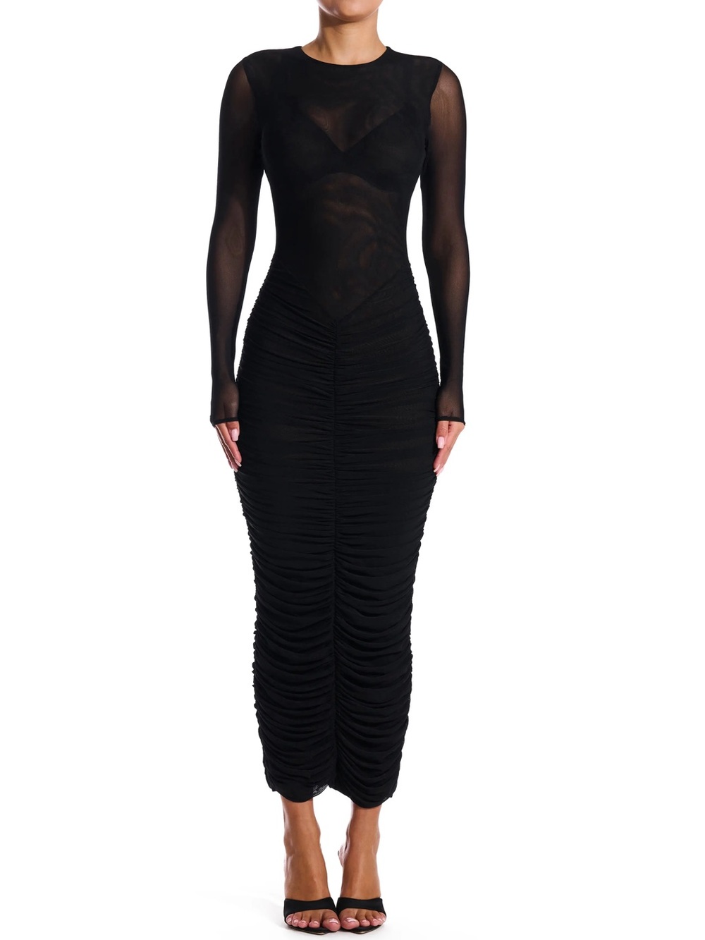 Naked wardrobe ruched mesh Long-Sleeve Black Midi Dress size small